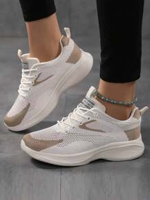 New Plus Size Women's Breathable Casual Mesh Sneakers, Soft Sole Soft Surface Running Shoes, Ladies Sport Shoes, Fashion Lightweight Comfortable Women Single Shoes, Lady Jogging Shoes, Round Toe Lace-Up Beige Walking Shoes, Women's Road Running Shoes, Fashionable Casual Travel Shoes