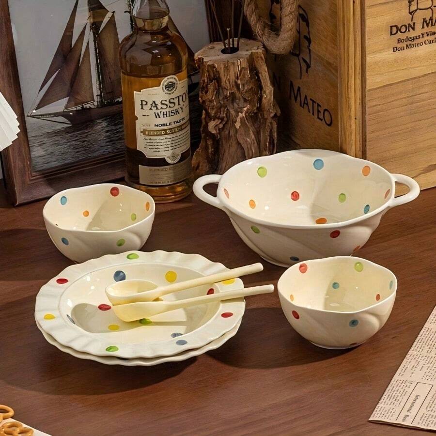 4 Stücke Keramik-Essservice, hochwertig, süßer Stil, ideal zum Fotografieren, beinhaltet Reisschale, Teller, Löffel, Essstäbchen, geeignet für 1 Person - Verschiedenfarbig - Übersicht 1