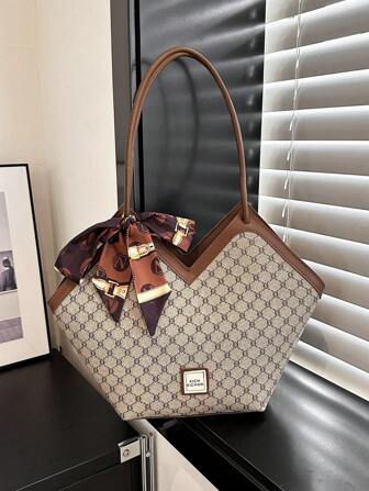 Niche Women Tote Bag, Elegant Vintage Style Casual Versatile Large Capacity Handbag With Scarf