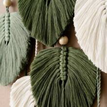 1pc Macrame Wall Hanging, Boho Style Wall Decor Tapestry, Handwoven Green Leaf Tassel Wallpaper - Green - View 6