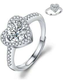 1 件可调节奢华水钻心形戒指，新娘婚礼派对戒指，女士礼物，适合婚礼、正式活动、派对、日常佩戴 - 銀色 - 查看 7