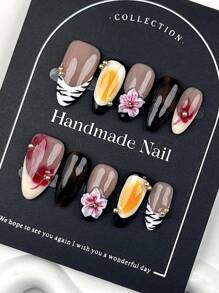 Juego de 10 piezas de puntas de uñas en forma de almendra con estampado francés glamoroso de leopardo y efecto tie-dye 3D floral, decorativas y elegantes, adecuadas para mujeres y niñas, uñas postizas