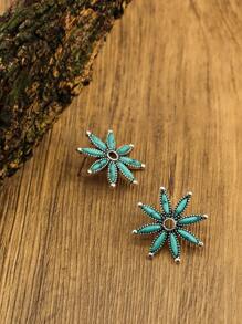 1pc Zinc Alloy Earrings With Turquoise Inlaid In Starfish Shape For Women, Bohemian Women's Jewelry, Retro Western Women's Fashion Earrings, Suitable For Daily Wear Or As A Gift For Friends