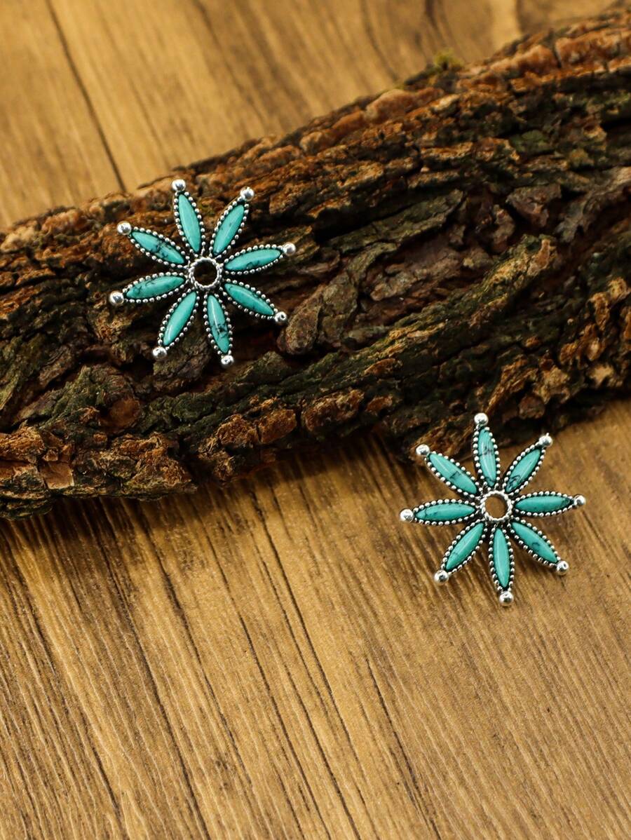 1pc Zinc Alloy Earrings With Turquoise Inlaid In Starfish Shape For Women, Bohemian Women's Jewelry, Retro Western Women's Fashion Earrings, Suitable For Daily Wear Or As A Gift For Friends
