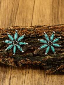 1pc Zinc Alloy Earrings With Turquoise Inlaid In Starfish Shape For Women, Bohemian Women's Jewelry, Retro Western Women's Fashion Earrings, Suitable For Daily Wear Or As A Gift For Friends