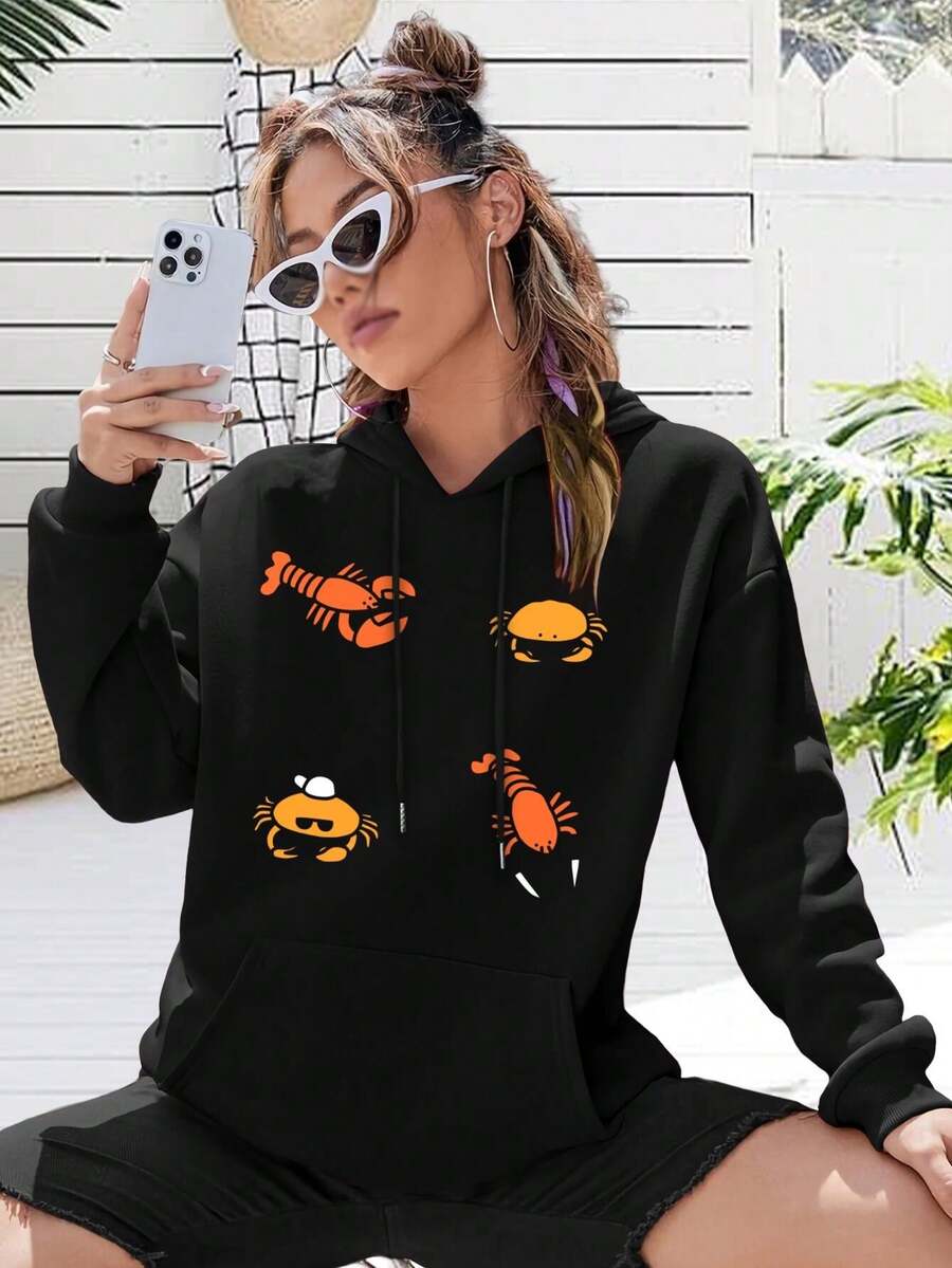 Cool Minimalist Lobster Crab Cartoon Big Size Women Hoodie Hoodie For Women Seafood Claws Ocean Vibes - 黑色 - 查看 1
