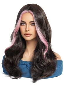 Stylish 18-Inch Pink Long Curly Hair With Bangs Highlights Synthetic Heat-Resistant Fiber Wig Women's Wigs Are Perfect For Holiday Party Everyday Wear