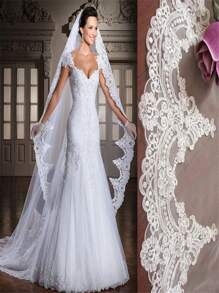 White/Ivory 3M Cathedral Length Lace Trim Long Bridal Veil With Comb Wedding Accessories Women's Autumn Outfit - Multicolor - View 5