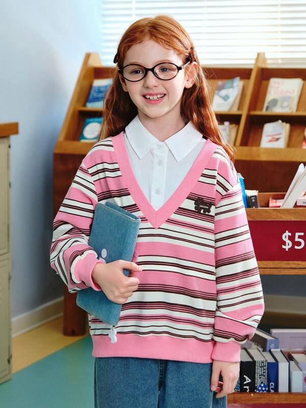 ASK JUNIOR Tween Girls 2 In 1 Polo Collar Striped Color Block Spring New Layered Sweatshirt Children Sports Wear Top
