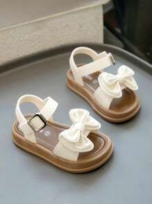 女童公主夏季凉鞋，儿童夏季沙滩鞋，露趾鞋，时尚蝴蝶结休闲平底凉鞋，白色