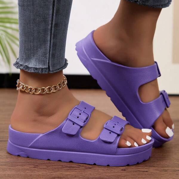 Sandálias femininas com fivela dupla, estilo casual e minimalista, antiderrapantes, respiráveis, confortáveis, chinelos de praia/festa com sola grossa