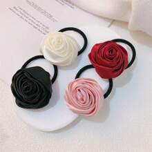 4pcs Elegant Rose Satin Hair Scrunchies, Minimalist Charming Sweet Vintage High-End Floral Print Ponytail Holders, Suitable For Daily Commute, Party, Outfit Matching, Bohemian, Polyester Fiber,Hair Accessories,Hair Elastics,Hair Ties,Hair Rope