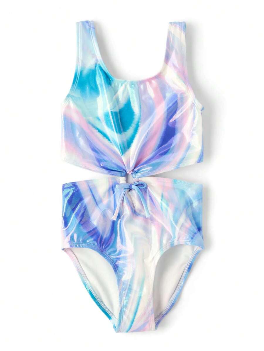 The Children's PLACE Tween Girls Print Cut Out One Piece Swimsuit Pink Tie Dye Blue - 蔚藍午後 - 查看 1