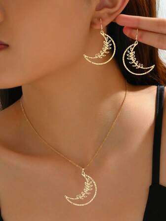 1 set da donna composto da collana con pendente a mezza luna ed orecchini, elegante set gioielli adatto come regalo versatile per eventi e feste del Ramadan