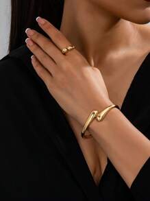 Wedding Season 2pcs Minimalist Elegant Teardrop Jewelry Set, Including 1 Bracelet And 1 Open Ring, Suitable For Daily Life And Parties, Excellent Gift For Women