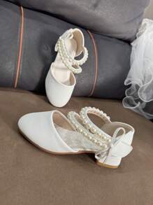 1 Pair Girls Elegant Bow Pearl Rhinestone Princess Design Dress Shoes, Pink Breathable Non-Slip High Heels, Suitable For Spring, Summer, Autumn Wedding, Party, Stage