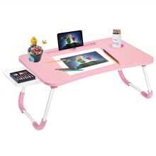 Laptop Bed Table Tray Stand With Cup Holder/Drawer For Bed/Couch/Sofa/Study/Reading/Writing On Low Living Room Floor, Large Portable Foldable Lap Desk Bed Tray For Dining And Laptop - 粉色 - 查看 1