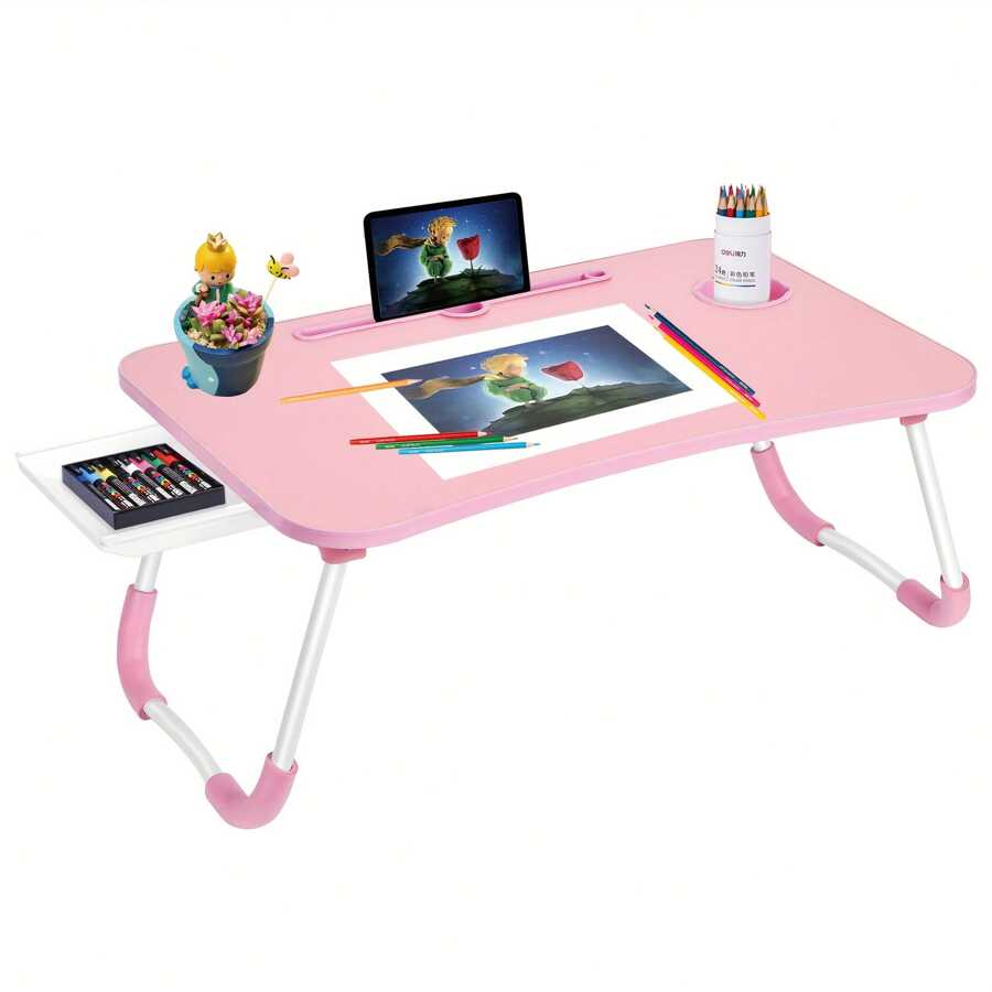 Laptop Bed Table Tray Stand With Cup Holder/Drawer For Bed/Couch/Sofa/Study/Reading/Writing On Low Living Room Floor, Large Portable Foldable Lap Desk Bed Tray For Dining And Laptop - 粉色 - 查看 1