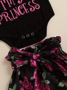 Newborn Girls Clothes Outfit, Short Sleeve Letter Printed Tops + Floral Printed Shorts + Bowknot Headband - 黑色 - 查看 5