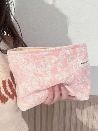 1 Pc Pink Floral Jacquard Cosmetic Bag, Soft Embossed Texture, Large Capacity, Portable Travel Toiletry Organizer, Aesthetic Zipper Clutch, Handheld Pouch, Bathroom Storage, Gift For Valentine's Day, New Year, Wedding, Women's Toiletry Bag, Women's Bags, Personalized Cosmetic Bag, Travel, Toiletry Pouch, Makeup Organizer, Vacation Essentials, Zipper Pouch