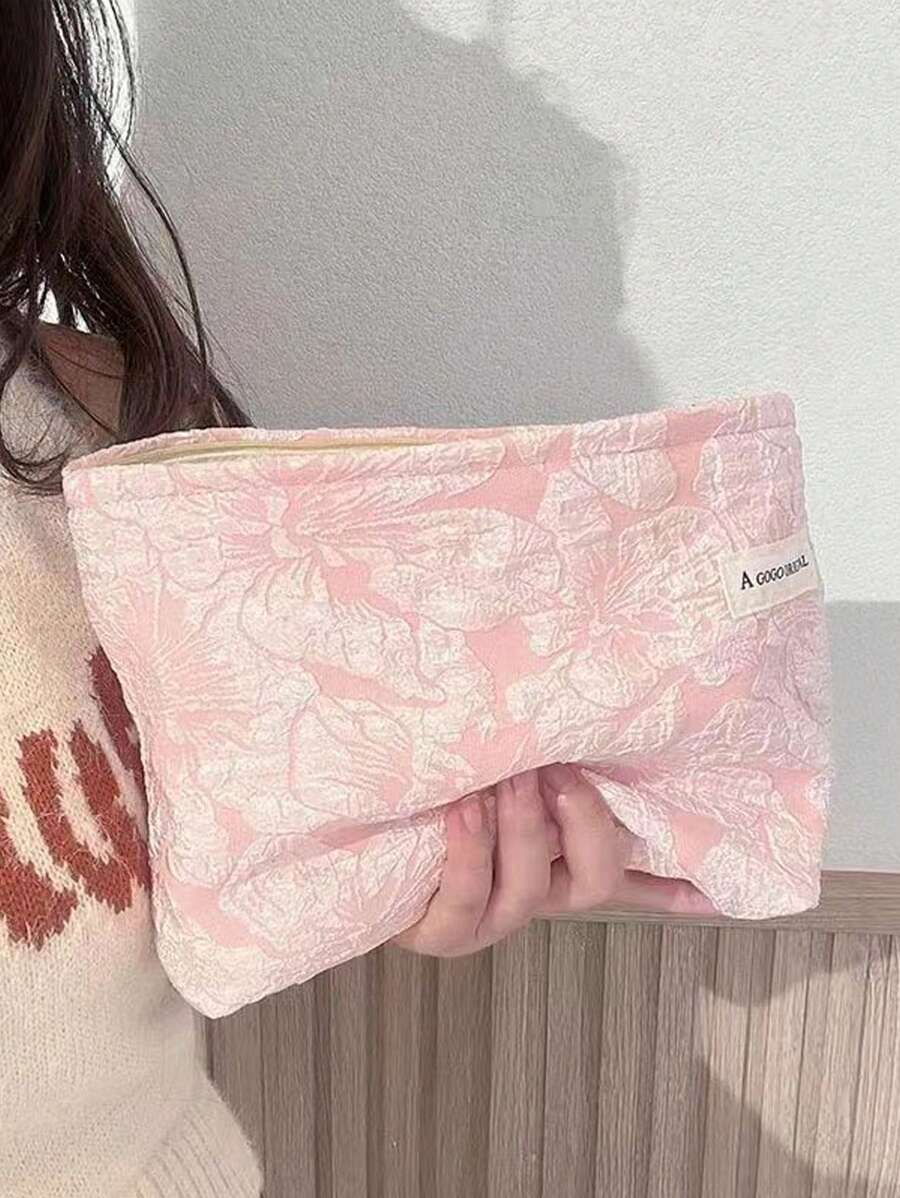 1个粉色花卉提花化妆包，柔软压纹质感，大容量，便携式旅行洗漱包，美观拉链手拿包，手提袋，浴室收纳，情人节、新年、婚礼礼物，女士洗漱包，女士包袋，个性化化妆包，旅行，洗漱包，化妆品收纳包，度假必备，拉链袋