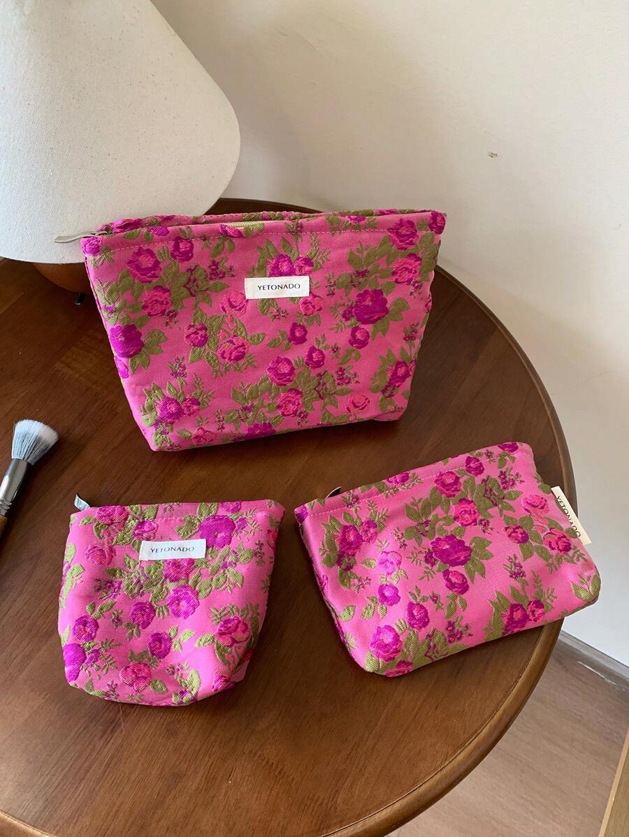 1Pc/Set Ins Style Style Flower Pattern Multi-Functional Cosmetic Organizer Handbag ,Wallet Pouch Portable Cosmetics Brush Storage Clutch With Zipper Closure For Lipstick, Brush, Skincare, Mobile Phone - Multicolor - View 1