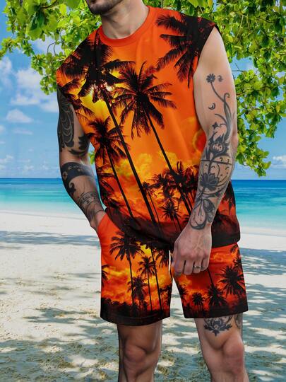 男士热带印花无袖上衣和短裤套装，休闲度假装