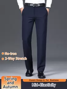 Men's Solid Color Dress Pants, Classic Design Slightly Stretch Formal Dress Pants For Business Occasions, Spring And Fall - 藏蓝色 - 查看 1