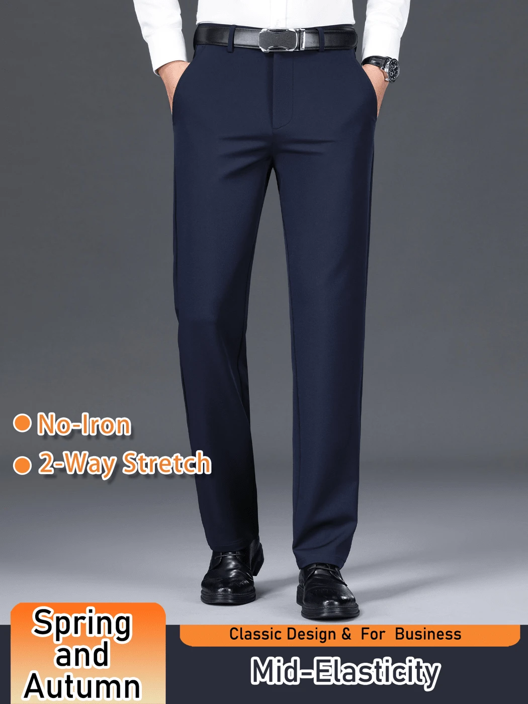 Men's Solid Color Dress Pants, Classic Design Slightly Stretch Formal Dress Pants For Business Occasions, Spring And Fall - 藏蓝色 - 查看 1