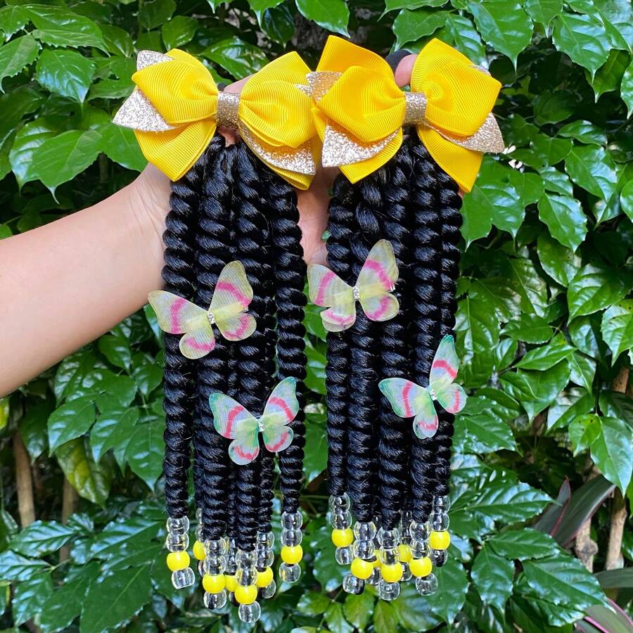 SprBuds Set Of 2 Kids Ponytail Extensions, Braids With Beads, Sweet Hair Extension With Elastic Tie, Twist Ponytails With Hair Bows, Clip And Go Design Cute Pigtail, Beautiful Wig For Girls Casual Leisure Party Back To School Hair Accessories, Christmas New Year Gift For Children - 黃色 - 查看 1