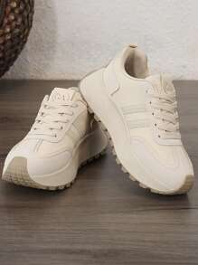1 Pair Women Multi-Function Fashion Colorblock Casual Leather Waterproof Thick Sole Sneakers, Daily Versatile Sporty Outdoor Shoes - Beige - View 5