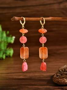 2pcs Elegant Green & Red Resin Water Drop With Small Stone Green Glass Bead Turquoise Pendant Earrings Design, Suitable For Women's Holiday Party Wear. Please Note That Due To The Natural Materials, There May Be Slight Size, Color And Weight Differences From The Official Images. - Multicolor - View 2