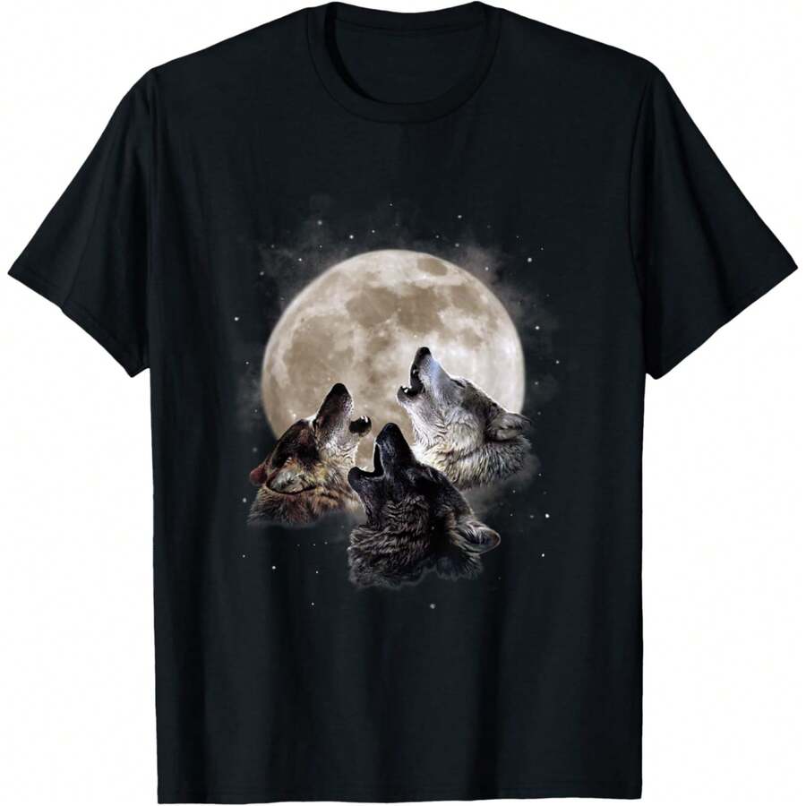 Three Wolves Howling At The Moon - Wolf Lover T-Shirt - Black - View 1
