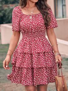Women's Summer Floral Skirt Square Neck Short Sleeve Layered Peplum Waist Boho Swing Dress And Sundress - 紅色 - 查看 4