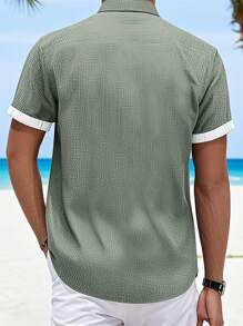 Casual Textured Basic Men's Button Down Collar Short Sleeve Shirt - Army Green - View 2