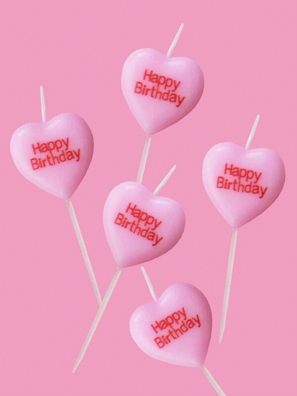 5قطع من شمع تزيين كعكة بشكل قلب وبطبعة "عيد ميلاد سعيد" باللون الوردي لحفلات أعياد الميلاد