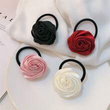 4pcs Elegant Rose Satin Hair Scrunchies, Minimalist Charming Sweet Vintage High-End Floral Print Ponytail Holders, Suitable For Daily Commute, Party, Outfit Matching, Bohemian, Polyester Fiber,Hair Accessories,Hair Elastics,Hair Ties,Hair Rope