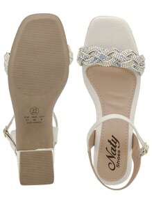 Sandals 41,42,43 Medium Thick Heel Everyday Rhinestone Square Toe Casual Shiny - 米色 - 查看 5