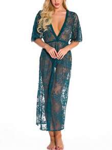 Women Sexy Long Lace Lingerie Kimono Robe, High Split Deep V Neck Lace Sheer Sleepwear - 墨綠色 - 查看 6