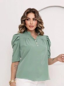 Women's Formal Blouse With Puff Sleeves And Crepe Buttons - Màu xanh Bạc hà - Xem 2