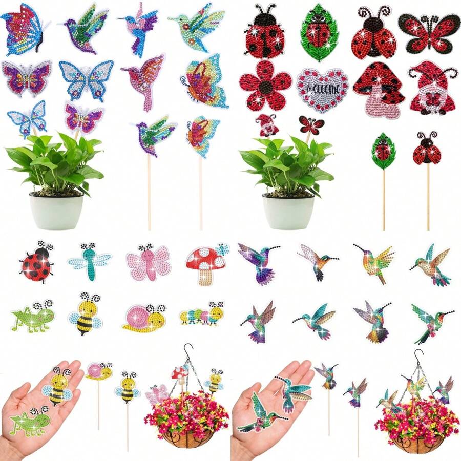 8pcs/Set Hummingbird & Insect Diamond Painting Flower Kit, Suitable For Garden Potted Plant Decor, Holiday Decoration