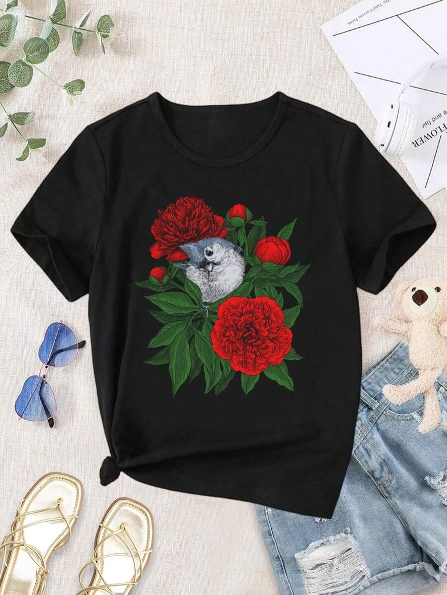 Valentine's Day Botanical Floral T-Shirt Bird On A Red Peony Bouquet - Vintage Moody Garden Flower Print For Women - 黑色 - 查看 1