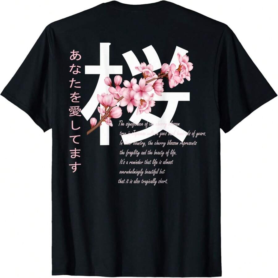 Cherry Blossom Japanese Harajuku Anime Manga T-Shirt - 黑色 - 查看 1
