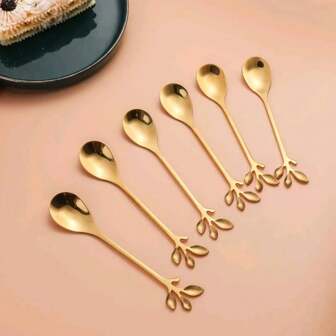 2/6/12pcs Stainless Steel Leaf-Shaped Coffee Spoons, Tea Spoons, Dessert Spoons, Ice Cream Spoons, Hotel/Restaurant/Kitchen Utensils,School Supplies
