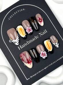 Juego de 10 piezas de puntas de uñas en forma de almendra con estampado francés glamoroso de leopardo y efecto tie-dye 3D floral, decorativas y elegantes, adecuadas para mujeres y niñas, uñas postizas