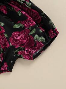 Newborn Girls Clothes Outfit, Short Sleeve Letter Printed Tops + Floral Printed Shorts + Bowknot Headband - 黑色 - 查看 6