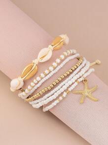 A Set Of 7 Pieces/Set Of Simple Alloy Bead Starfish Woven Shell Rope For Girls' Ankles, The Best Gift For Friends