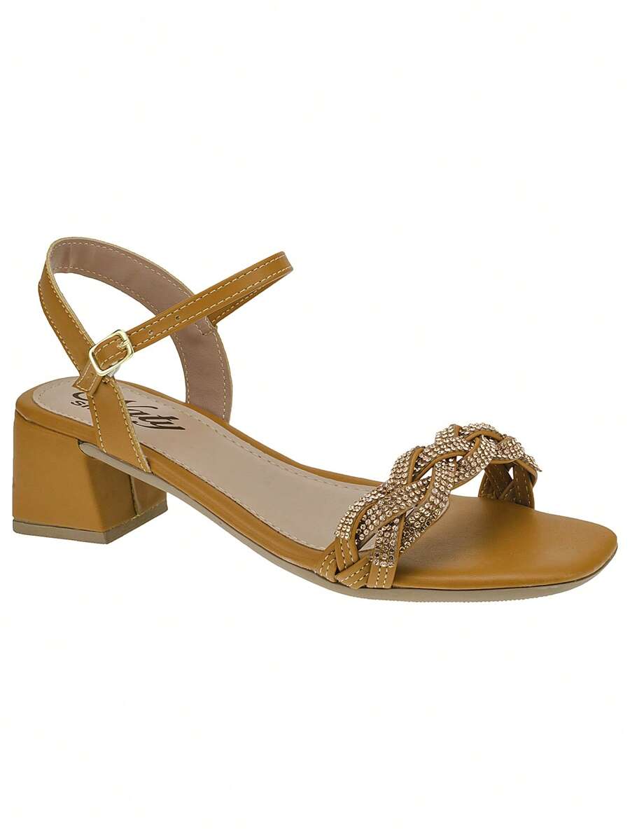 Sandals 41,42,43 Medium Thick Heel Everyday Rhinestone Square Toe Casual Shiny - 駝色 - 查看 1