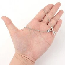 1件装时尚立方氧化锆字母眼睛回形针吊坠项链，不锈钢珠链，女士 - 風格6 - 查看 3