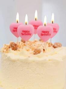 5pcs Pink Heart-Shaped "Happy Birthday" Cake Decorative Candles For Birthday Party